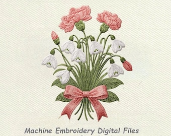 January Birth Flower Embroidery Design, Snowdrop Carnation Bouquet (Digital Download)