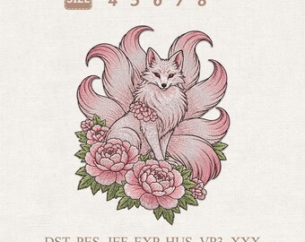 Kitsune Fuchs Stickdatei, Neunschwänziger Blumenstich Datei (Digitaler Download)