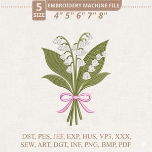 Puede incluir: Archivo de máquina de bordar con un diseño floral detallado de lirios de los valles. El diseño incluye hojas verdes, flores blancas en forma de campana y un lazo rosa. Los tamaños de archivo son 10.16 cm, 12.7 cm, 15.24 cm, 17.78 cm y 20.32 cm.