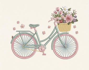 Blumen Fahrrad Stickdatei, Vintage Fahrrad Blumenkorb Stickmuster, Maschinendatei (Instant Download)