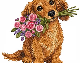 Dackel Hund Blumen Stickdatei, Welpe Maschinenstickdatei (Digitaler Download)