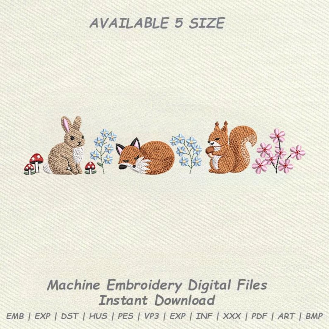 Woodland Animals Embroidery Design, Bunny Fox Squirrel Floral Border ...