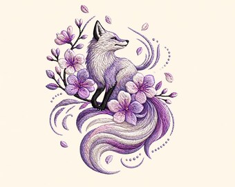 Motif de broderie floral renard, art animalier fantastique, fichier machine (téléchargement numérique)