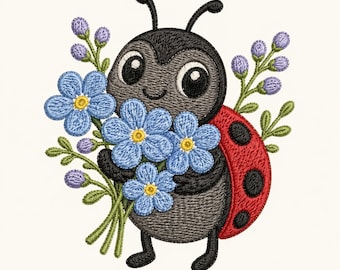 Marienkäfer Blumen Stickdatei, Frühlings Gartenstickerei, Maschinenstickdatei (5 Größen)