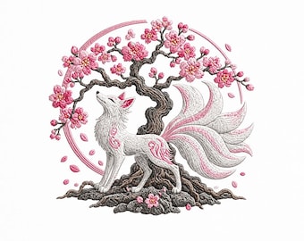 Motif de broderie kitsune, renard japonais sakura, art animalier fantastique (téléchargement numérique)