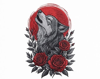 Motif de broderie rose loup, lune hurlante gothique, style tatouage floral foncé (téléchargement numérique)