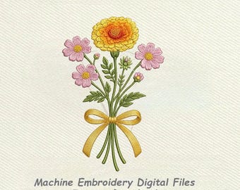 October Birth Flower Embroidery Design, Marigold & Cosmos Bouquet with Ribbon, Floral Machine Embroidery File