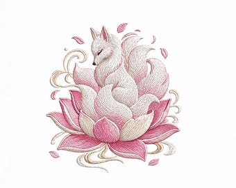 Motif de broderie kitsune renard lotus, art animalier japonais fantastique (téléchargement numérique)