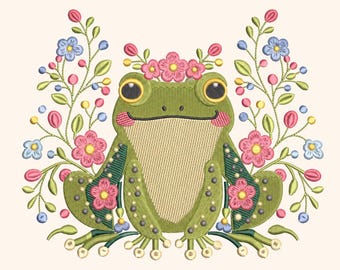 Floral Frog Embroidery Design: Spring Animal Machine File (5 Sizes)