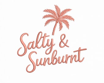 Motif de broderie palmier brûlé par le soleil salé, citation d'été de plage (fichier numérique)