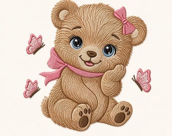 Baby Bär Stickdatei, süßes Kinderzimmer Tier, rosa Schleifen Schmetterlinge, 10x10 cm