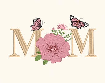 Motif de broderie floral maman, monogramme papillon rose (téléchargement numérique)