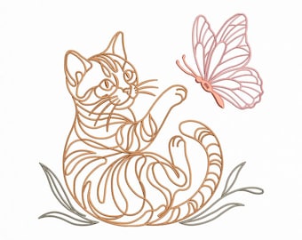Motif de broderie art ligne papillon chat, fichier machine contour chaton (téléchargement numérique)