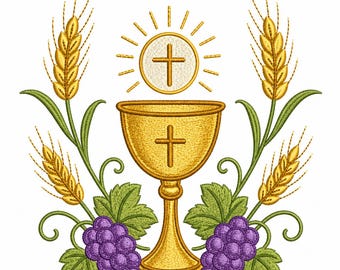 Kommunion Kelch Stickdatei Kreuz Trauben Weizen Stickdatei (Digitaler Download)