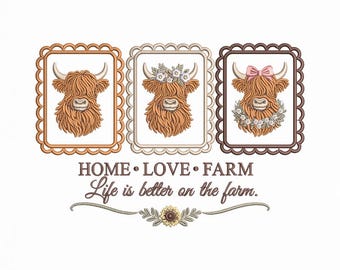 Highland Kuh Stickmuster, Floral Bauernhaus Maschinendatei (DST, PES)