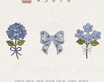 Blue Hydrangea Embroidery Designs, Floral Bow, Vintage Botanical Set (Digital Download)