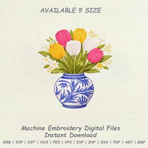 Disegno per ricamo di un vaso di tulipani, file per ricamo di un bouquet floreale, fiore in ceramica vintage blu e bianca, motivo floreale primaverile, download immediato
