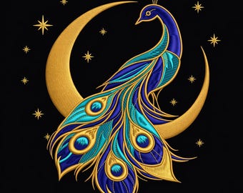 Peacock Embroidery Design, Moon Star Celestial Stitch (Digital Download)