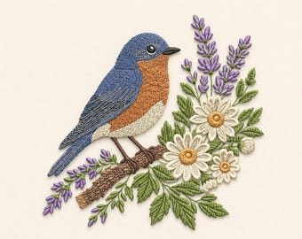 Bluebird Blumenstickerei, Natur Frühling Maschinenstickdatei (5 Größen)