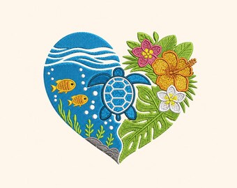 Sea Turtle Heart Embroidery Design, Tropical Floral Fish Pattern (Instant Download)