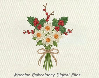 Dezember Geburtsblume Stickdatei, Narzisse & Holly Weihnachtsstrauß, Winter Floral Maschinenstickdatei