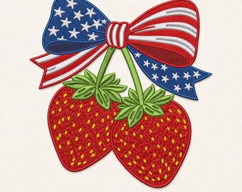 Patriotic Strawberry Design, 4th of July Bow, American Flag Embroidery File (PES, DST, EXP)