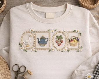 Cottagecore Embroidery Design, Goose Teapot Strawberry Basket (Digital Download)