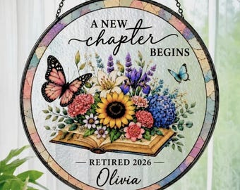 Personalized Retirement Gift for Teacher, A New Chapter Begins Stained Glass Suncatcher, Floral Book Window Decor, Coworker Farewell Gift