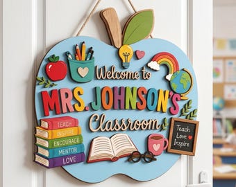 Personalized Apple Teacher Name Door Sign, 3D Wood Welcome Door Hanger, Back to School Wood Decor, Teacher Appreciation Gifts, Teacher Gift