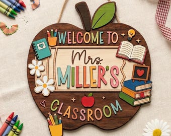 Personalized Apple Teacher Name Door Sign,3D Welcome Door Hanger,Back to School 2 Layer Wood Decor,Teacher Appreciation Gifts,Teacher Gift