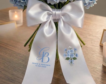 Envoltura de ramo de novia bordada a medida, fajín de cinta de boda personalizado, detalle de ramo de flores con monograma, idea de regalo de boda
