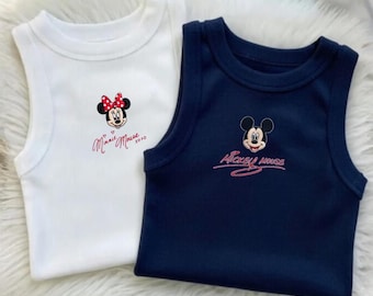 BRODERAD Disney Minnie Linne Baby T-shirt Linne Crop Top Tröja, Tecknad Tröja, Minnie Mouse XOXO, Semesteroutfit, Dam Sommarlinne
