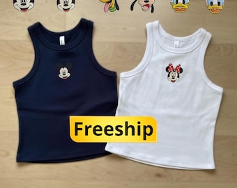 EMBROIDERED Mickey & Friends Tank Top Crop Top Baby Tee, 6 Mickey Characters Embroidery Tee, Family Disney Friends, Disneyland Trip
