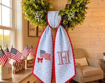 Embroidered Monogram USA Flag Wreath Sash, Scalloped Door Decor, 4th of July Bow Custom Monogram Seersucker Door Decor, Gift For Her