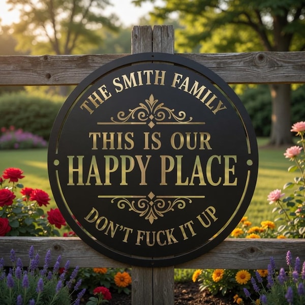 Personalized Metal Sign “This Is My Happy Place Don’t F*ck It Up”, Sarcastic Decor Father’s Day Gift, Rustic Home Decor, Gift For Mom