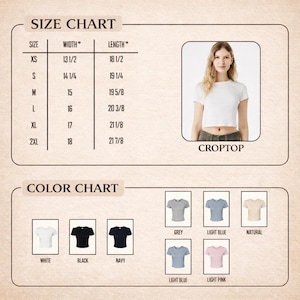 Op de afbeelding: Maat- en kleurentabel voor een crop top. De maattabel toont de afmetingen in inches voor de maten XS tot 2XL. De kleurentabel toont de crop top in wit, zwart, marine, grijs, lichtblauw, naturel en lichtroze.
