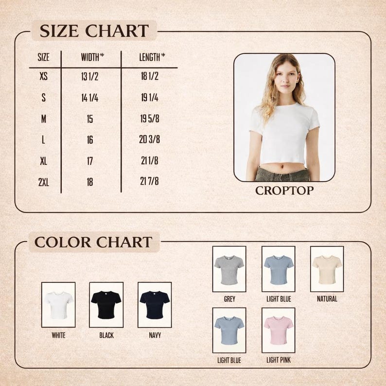Op de afbeelding: Maat- en kleurentabel voor een crop top. De maattabel toont de afmetingen in inches voor de maten XS tot 2XL. De kleurentabel toont de crop top in wit, zwart, marine, grijs, lichtblauw, naturel en lichtroze.