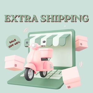 Puede incluir: Una ilustración 3D que muestra un scooter rosa pastel con una caja de entrega, frente a una pantalla de portátil verde estilizada con un toldo. Cajas rosas flotantes rodean el scooter. El texto dice EXTRA SHIPPING y SALE OFF 40%.