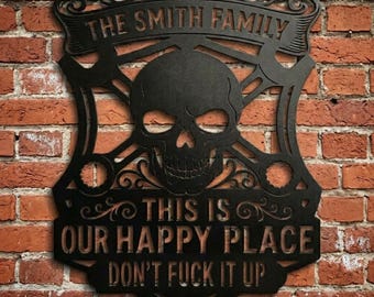 This Is Our Happy Place Don’t F*ck It Up Metal Sign, Personalized Garage Wall Art, Custom Family Name Metal Decor, Rustic Home Decor