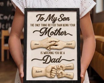 To My Son Watching You Be A Dad From Mom Wood Sign 2Layer, Father's Day Gift For Son, Personalized Custom Shaped Wood Sign, Father Day Gift