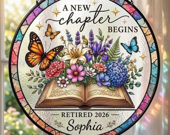 Personalized Retirement Gift for Teacher, A New Chapter Begins Stained Glass Suncatcher, Floral Book Window Decor, Coworker Farewell Gift