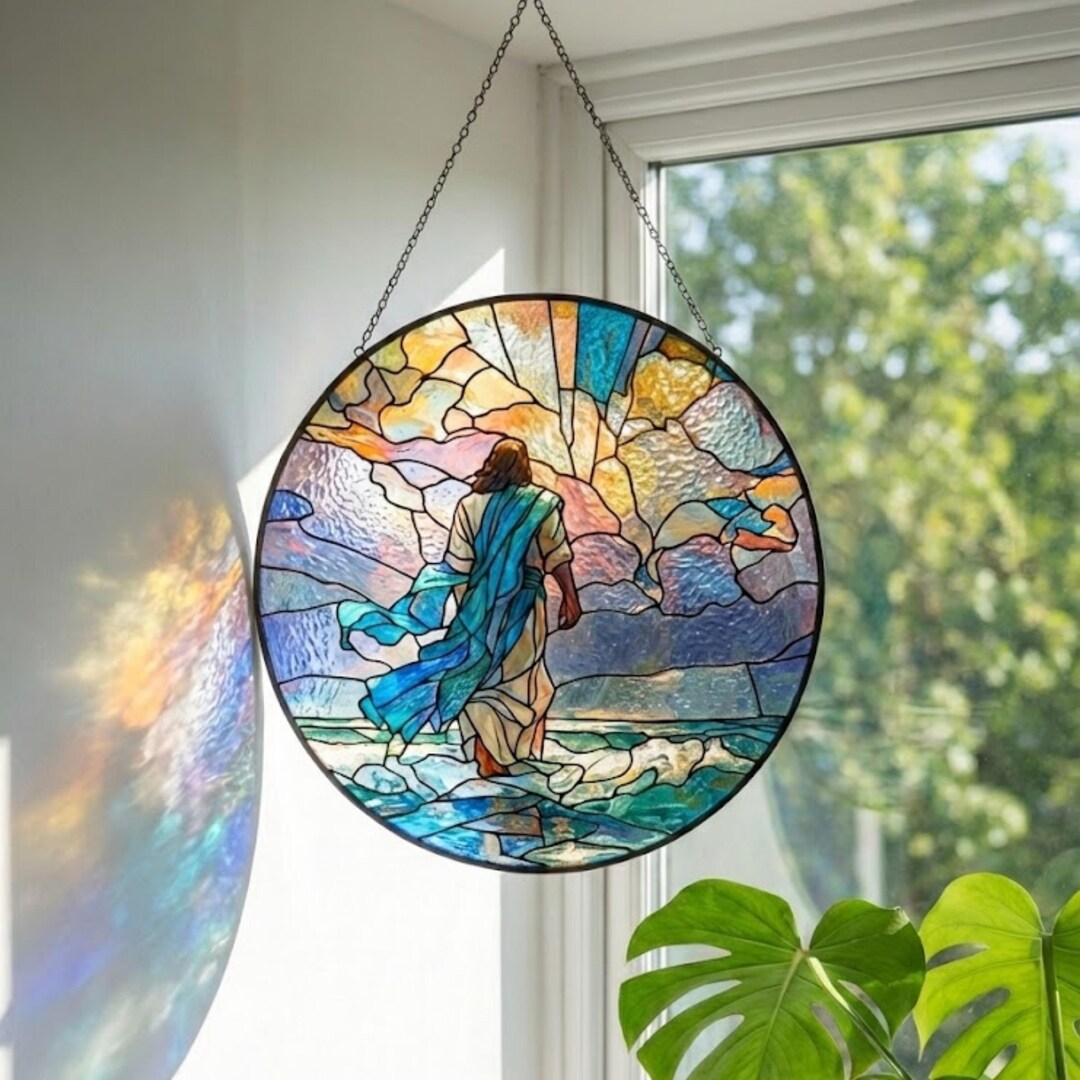 Jesus Walking on Water Stained Glass Suncatcher, Christian Window Decor ...