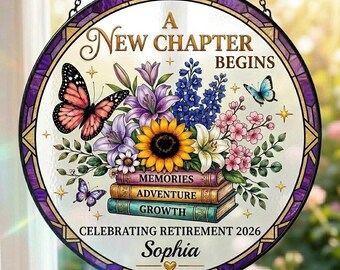 Personalized Retirement Gift for Teacher, A New Chapter Begins Stained Glass Suncatcher, Floral Book Window Decor, Coworker Farewell Gift