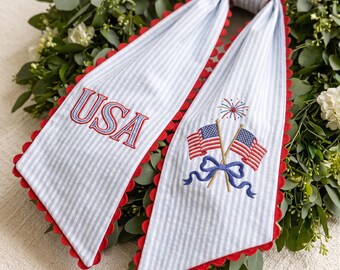 Embroidered Personalized USA Flag Wreath Sash, Summer Toile Front Door Bow, Custom Monogram Seersucker Door Decor, 4th of July Decor