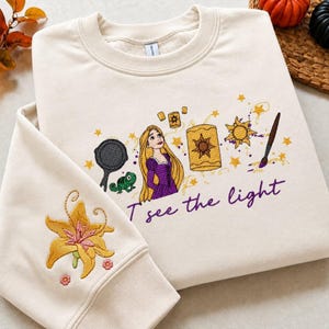 Broderad Disney Tangled Rapunzel Prinsessa Tröja, Jag Ser Ljuset Tröja, Disneyland Tjejresa 2026, Disney Tangled Blommor