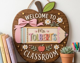 Personalized Apple Teacher Classroom Name Door Sign,3D Welcome Door Hanger,Back to School 2 Layer Wood Decor,Teacher Appreciation Gifts