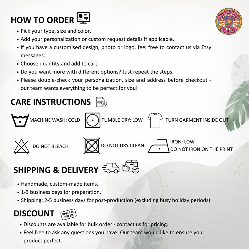 May include: An informational graphic with black text on a white background detailing how to order, care instructions, shipping, and discount policies. It includes icons for washing, drying, ironing, and a logo for Marvelous Tees US in the corner.