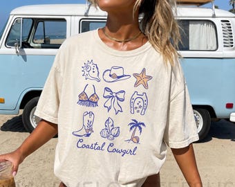 Comfort Colors Summer Coastal Cowgirl Shirt, Western Beach Doodles Tee, Retro Howdy Sea Graphic Shirt, Trendy Beachy Cowgirl Gift for Her