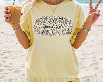 Comfort Colors® Beach Life Line Art T-Shirt, Minimalist Summer Vacation Tee, Coastal Aesthetic Shirt, Cute Beachy Doodle Top