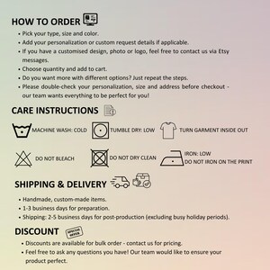 May include: A graphic with instructions for ordering, care, and shipping. The text includes steps for personalization, washing instructions, and a discount offer. Icons illustrate washing, drying, and ironing guidelines.